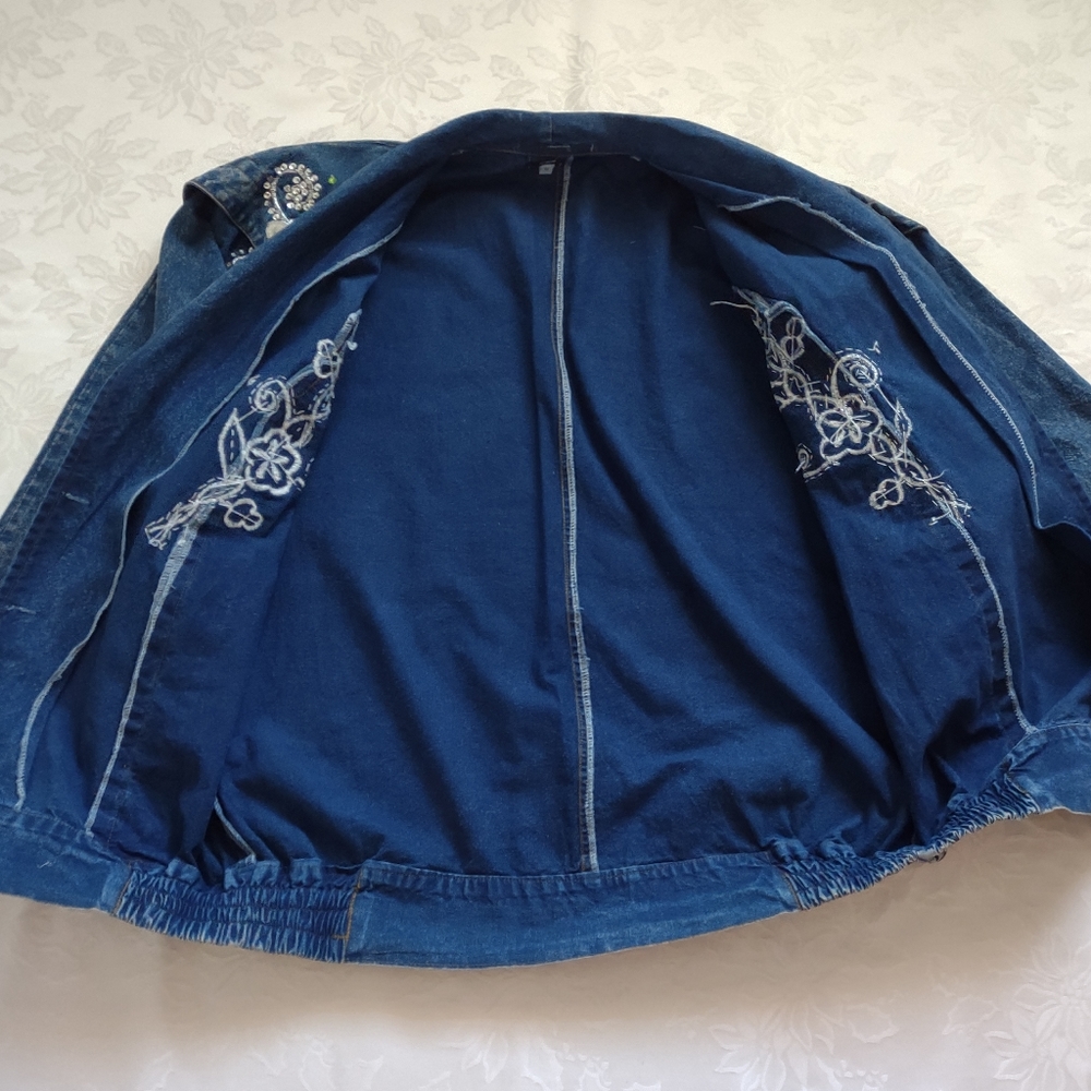 Oversize denim jeans floral sequins beads acid wash jacket - Picture 6 of 9
